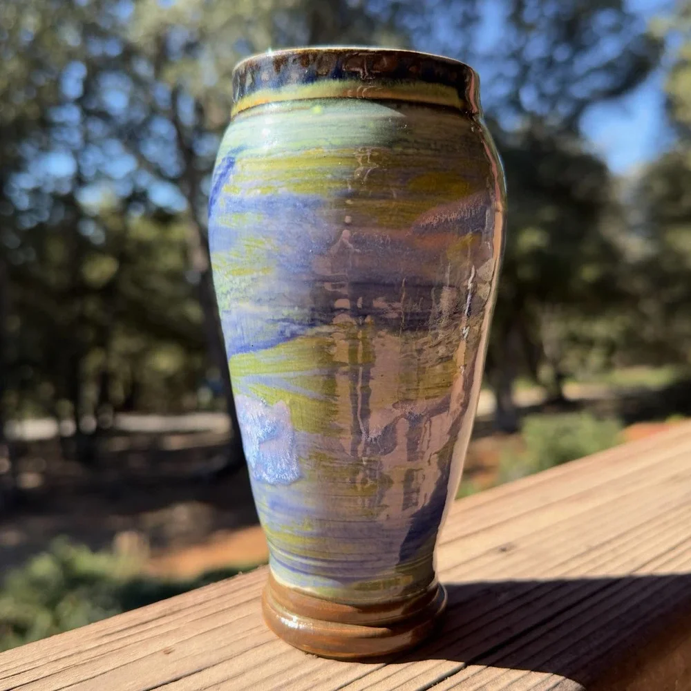 Vintage Studio Pottery Vase with Blues Teals Greens Signed Cynthia Young